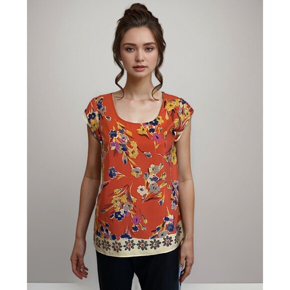 Edme & Esyllte Anthropologie Top Size 0 100% Silk Red Blouse Floral Boho - Picture 1 of 9